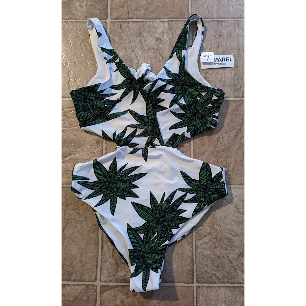 New Apparel America sz L One Piece Swimsuit cut out high cut leaf print 2816